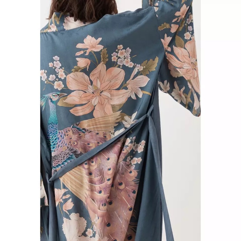 SOLD OUT Blue Floral Bohemian Peacock Kimono Duster Robe - Picture 6 of 7